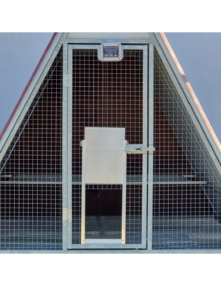 Ouvre-porte automatique monté avec porte ouverte pour poulailler