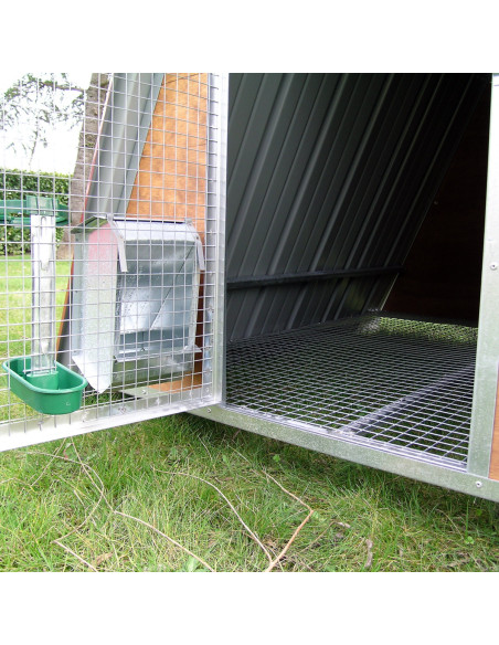 Entrée et fond surélevé du petit poulailler pour 8 poules