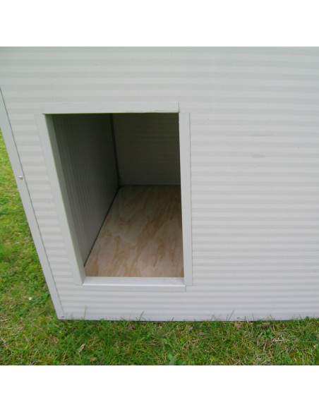 Entrée du chien dans la niche blanche
