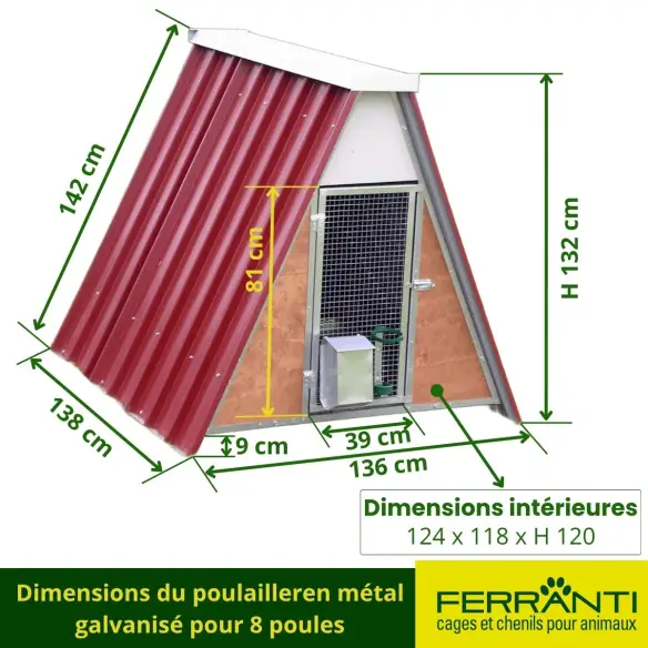Dimensions du poulailleren métal galvanisé pour 8 poules