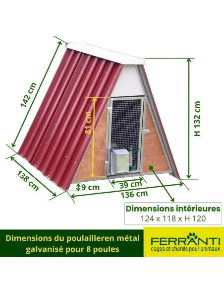 Dimensions du poulailleren métal galvanisé pour 8 poules